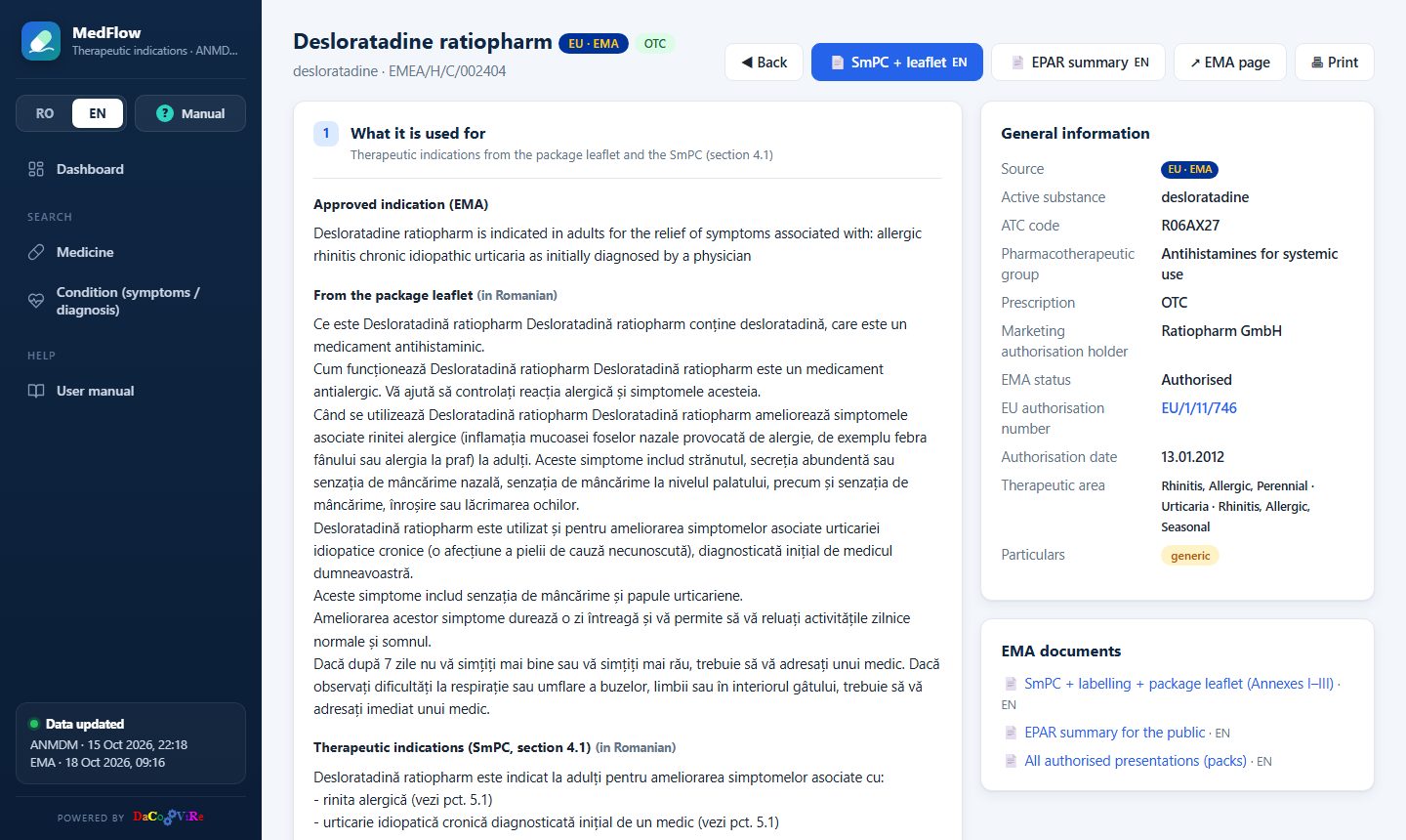The details page of a medicine authorised centrally in the EU (EMA)