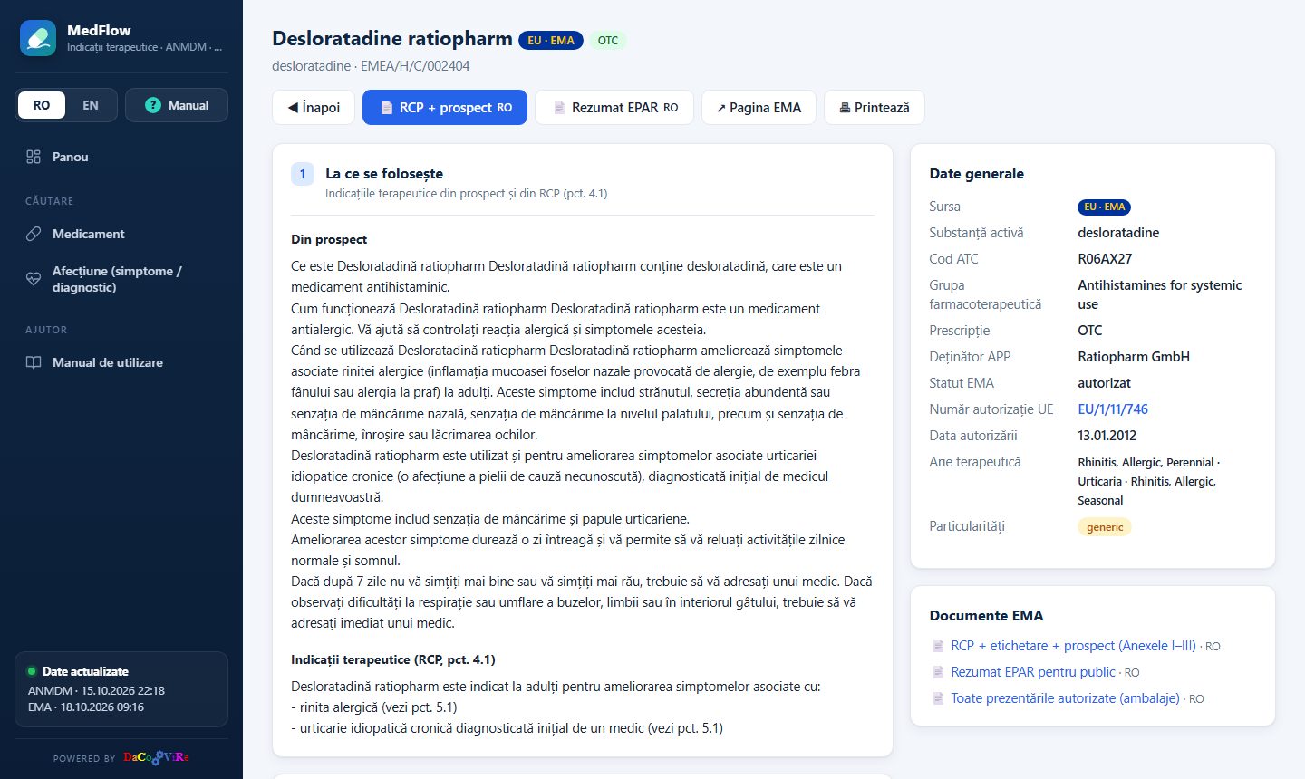 Fișa unui medicament autorizat centralizat în UE (EMA)
